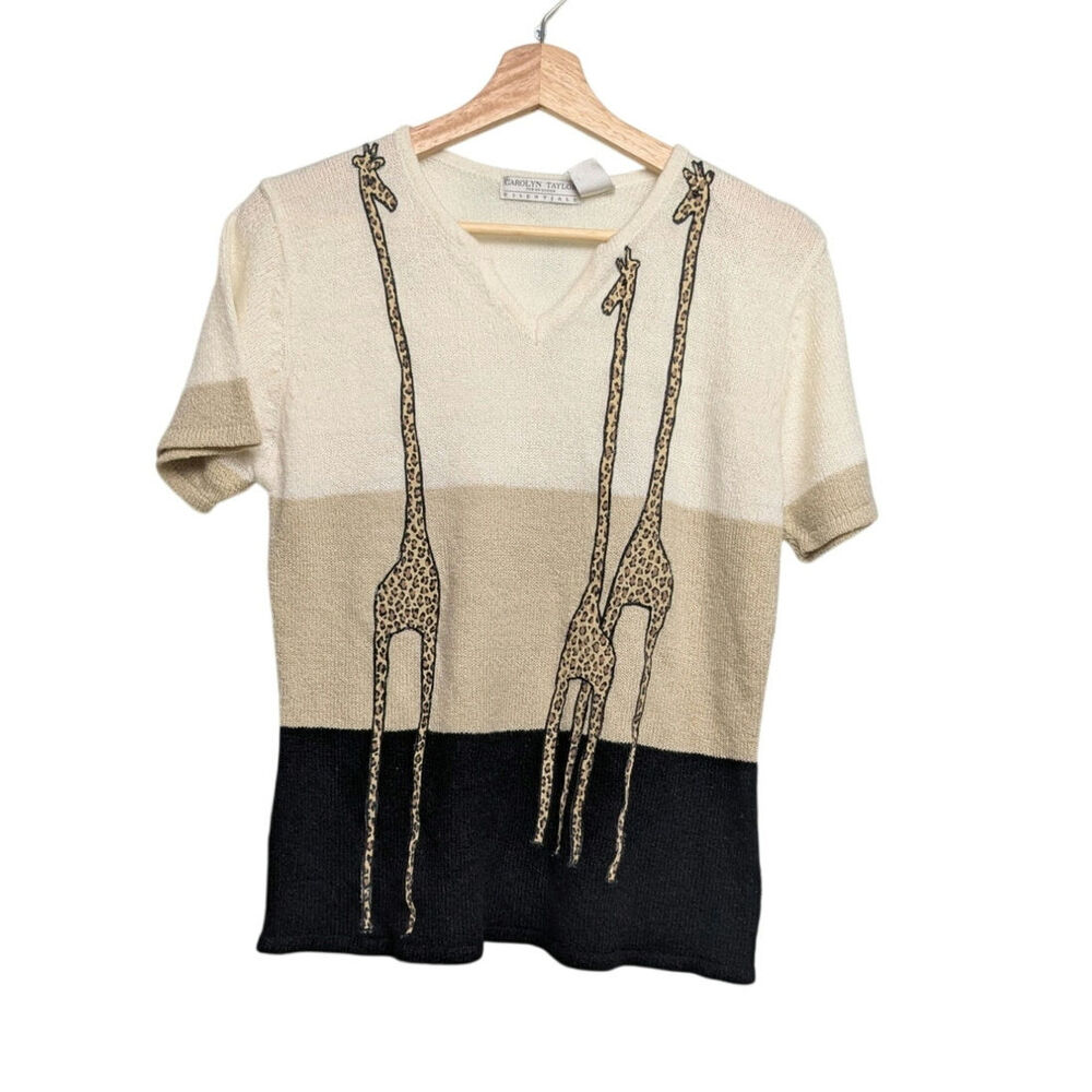 Carolyn Taylor Neutrals Giraffe Embroidery Applique Sweater Notch Neck Sz Small